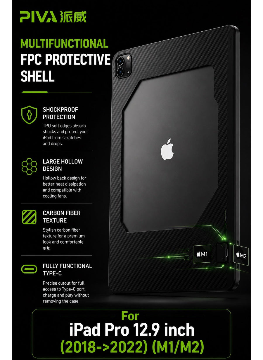 PIVA Gaming 2-in-1 iPad Protective Case with FPC Tail Plug, PD 100W Fast Charging, 10Gbps Data Transfer, 4K 60Hz Video Output, Carbon Fiber TPU Cover, Magnetic Cooler Compatible for ( iPad Pro 12.9-inch 2018->2022) ( M1/M2 )