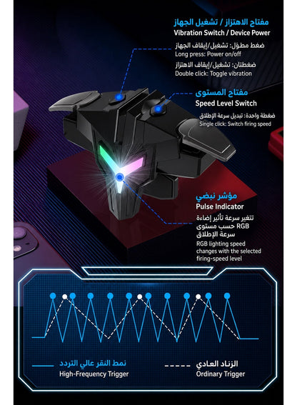 Sarafox Y1 Automatic laser Gaming Triggers L1 R1, Electronic Auto-Fire + Mechanical Trigger + RGB Lighting + Vibration, 4 Speeds 7/15/30/50 Taps/s, Alloy Build, Plug-and-Play - Compatible with PUBG Mobile, CoD Mobile, Free Fire & Touchscreen Phones