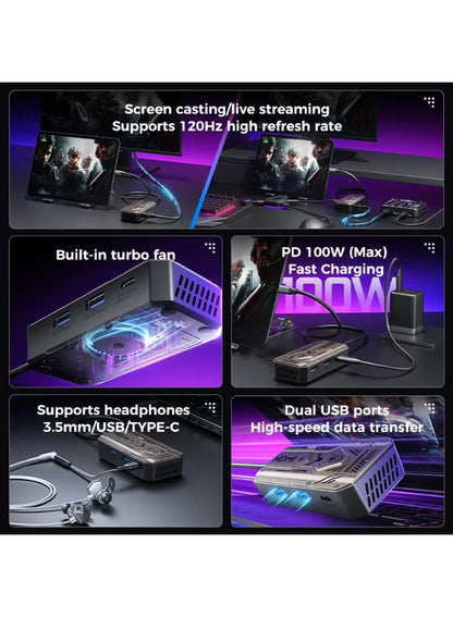 PLEXTONE GS6 Gen 2 USB-C 6-in-1 Gaming Docking Station Hub with Built-in Turbo Fan Cooling, 2K 120Hz & 4K 60Hz HDMI Output, PD 100W Fast Charging, Dual USB High-Speed Data, 3.5mm/USB/Type-C Audio Support – Compatible with iPad Pro, RedMagic, Samsung, OneP