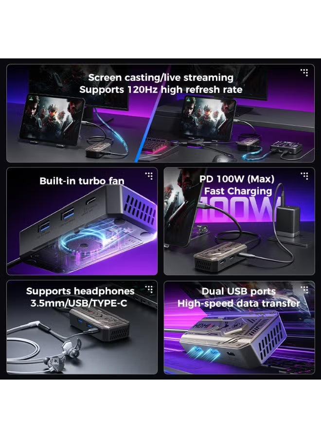 PLEXTONE GS6 Gen 2 USB-C 6-in-1 Gaming Docking Station Hub with Built-in Turbo Fan Cooling, 2K 120Hz & 4K 60Hz HDMI Output, PD 100W Fast Charging, Dual USB High-Speed Data, 3.5mm/USB/Type-C Audio Support – Compatible with iPad Pro, RedMagic, Samsung, OneP