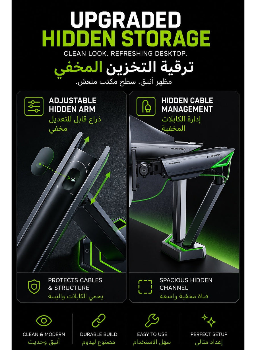 Dual Monitor Stand & Arm Bracket Holder, Heavy Duty RGB Desk Mount for Two 17–38″ Monitors, Supports up to 16kg Each, Full-Motion Tilt, Swivel & 360° Rotation, Infinity Mirror with 20 RGB Lighting Modes, VESA 75×75 / 100×100, Built-In Cable Management