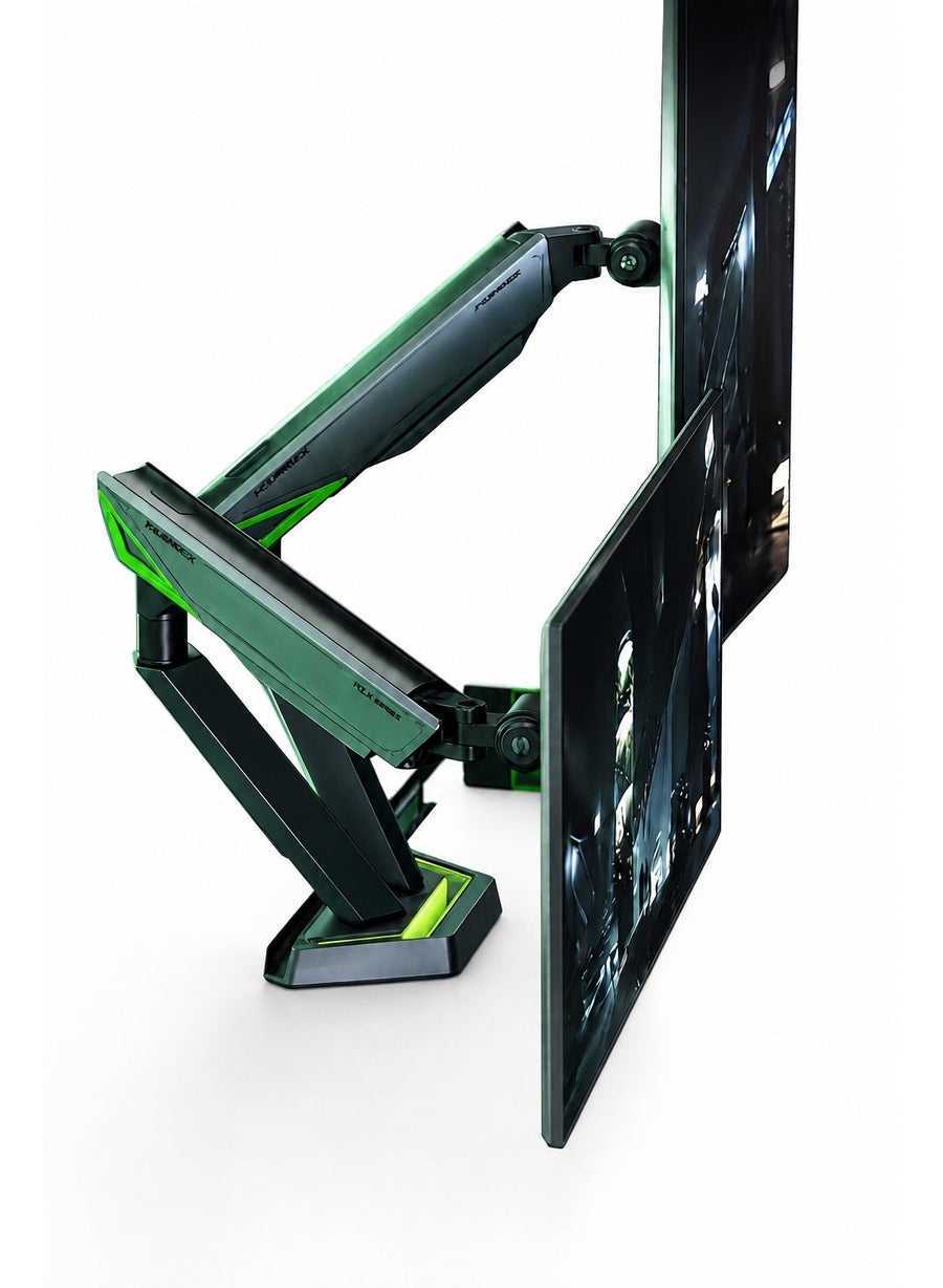 Dual Monitor Stand & Arm Bracket Holder, Heavy Duty RGB Desk Mount for Two 17–38″ Monitors, Supports up to 16kg Each, Full-Motion Tilt, Swivel & 360° Rotation, Infinity Mirror with 20 RGB Lighting Modes, VESA 75×75 / 100×100, Built-In Cable Management