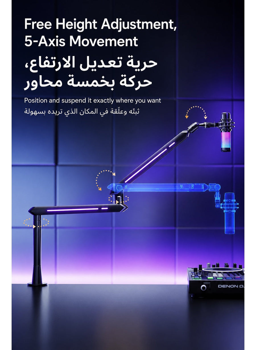 3 in 1 Mic Stand, Convertible Low Profile Arm and Holder for Studio, Streaming, Gaming, Podcasting and Recording by HUMANEX, RGB 3-Section Boom Arm Compatible with FIFINE Mics, RØDE NT1, HyperX QuadCast and Shure SM7B, Clamp and Grommet Mount, Black