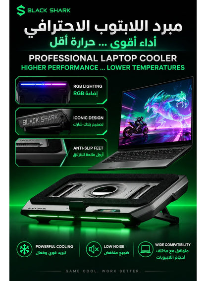 Gaming Laptop Cooler SuperCharged Pro by Black Shark – Laptop Cooling Pad with 4000RPM Turbo Fan, RGB Lighting, Smart Display, USB 3.0 Hub, App Control, Adjustable Stand & Dust Filter for 14–18 Inch Laptops