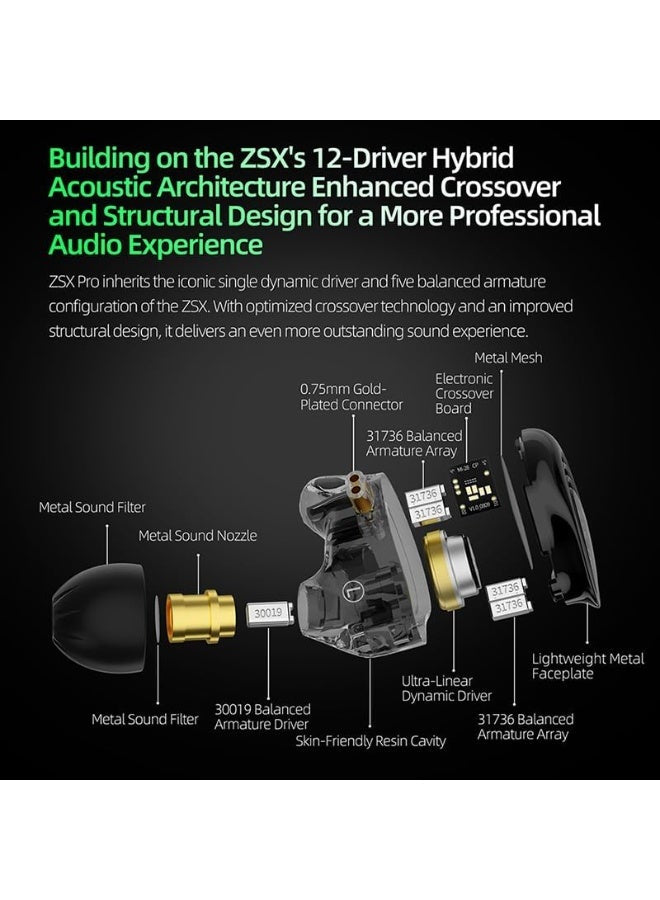 KZ ZSX Pro IEM 12-Driver Hybrid Earphones, 1DD+5BA per Side, Wired 3.5mm HiFi In-Ear Monitors with HD Microphone, Ultra-Linear Dynamic Driver, Balanced Armature Array, Precision Frequency Crossover, Wide Soundstage, Deep Bass, Metal Faceplate, Ergonomic R