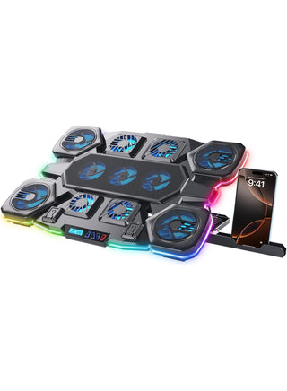 Laptop Cooling Pad Ice Coorel AI Ice Cooling Max, 36W Gaming Laptop Cooler with 8 Fans + Ice Cooling, RGB Lighting, LCD Display, 6-Level Adjustable Stand for Laptops & Tablets