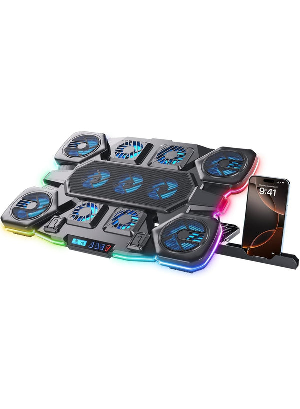 Laptop Cooling Pad Ice Coorel AI Ice Cooling Max, 36W Gaming Laptop Cooler with 8 Fans + Ice Cooling, RGB Lighting, LCD Display, 6-Level Adjustable Stand for Laptops & Tablets