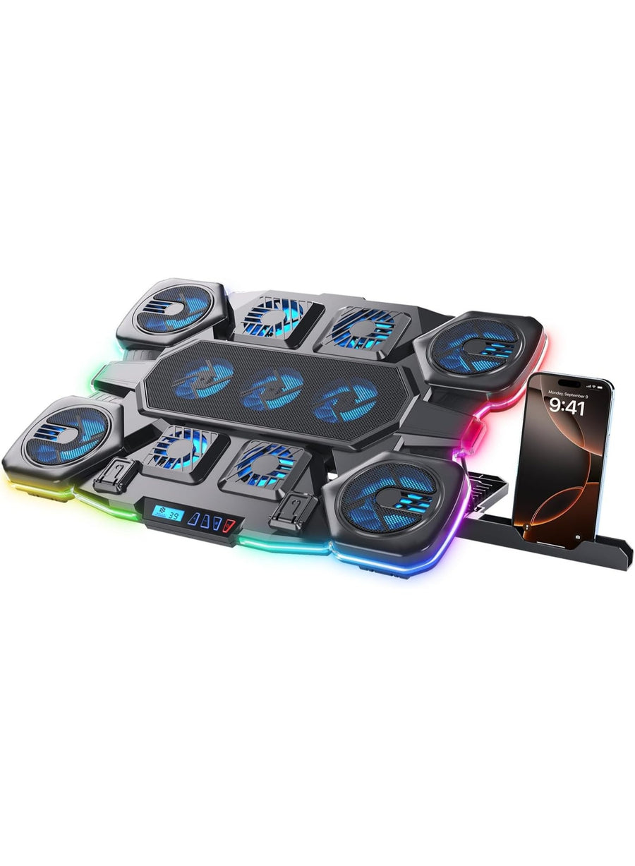 Laptop Cooling Pad Ice Coorel AI Ice Cooling Max, 36W Gaming Laptop Cooler with 8 Fans + Ice Cooling, RGB Lighting, LCD Display, 6-Level Adjustable Stand for Laptops & Tablets