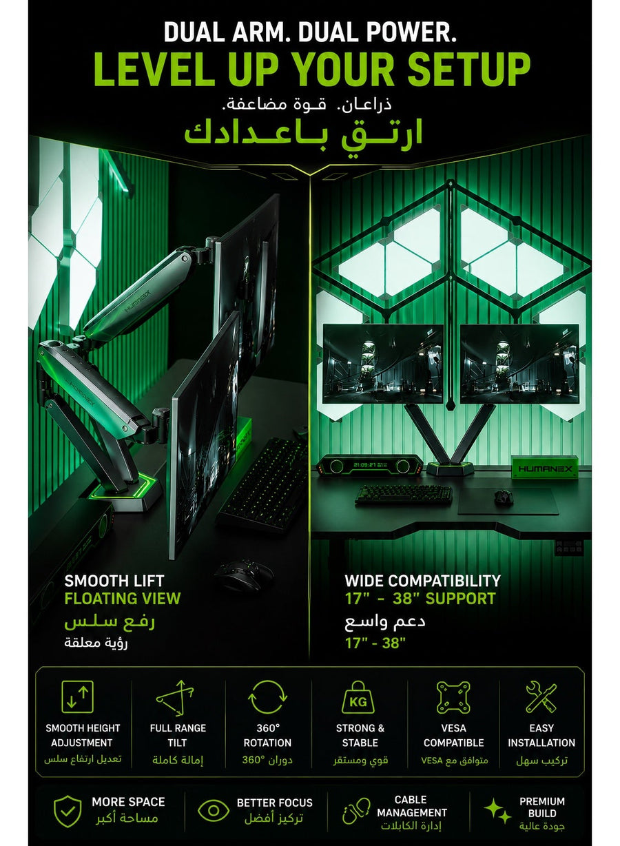 Dual Monitor Stand & Arm Bracket Holder, Heavy Duty RGB Desk Mount for Two 17–38″ Monitors, Supports up to 16kg Each, Full-Motion Tilt, Swivel & 360° Rotation, Infinity Mirror with 20 RGB Lighting Modes, VESA 75×75 / 100×100, Built-In Cable Management