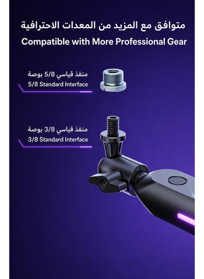 3 in 1 Mic Stand, Convertible Low Profile Arm and Holder for Studio, Streaming, Gaming, Podcasting and Recording by HUMANEX, RGB 3-Section Boom Arm Compatible with FIFINE Mics, RØDE NT1, HyperX QuadCast and Shure SM7B, Clamp and Grommet Mount, Black