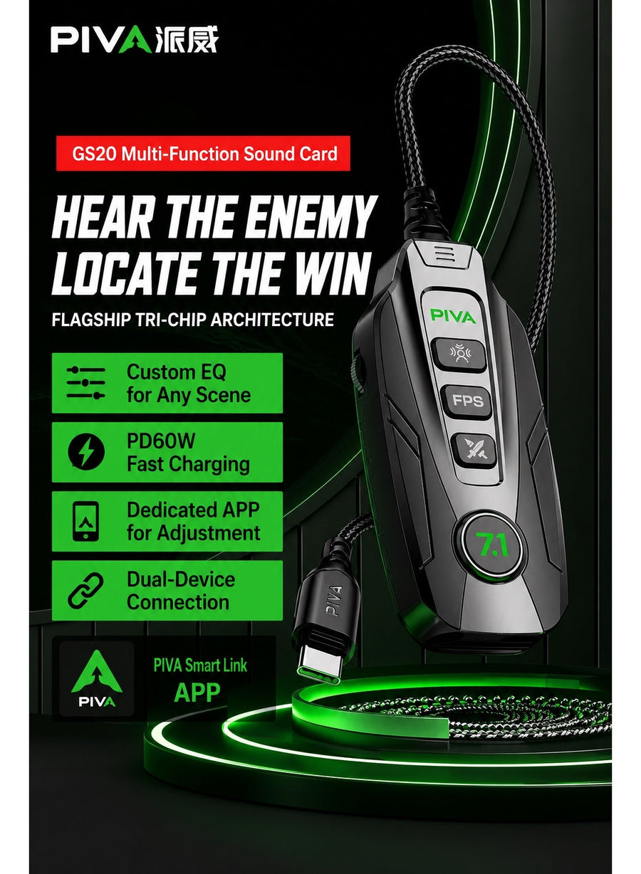 PIVA GS20 Gaming Adapter & Converter Hub Dongle, 7.1 Surround Sound Card with App Control, Type-C USB Hub, 3.5mm Audio, RGB Lighting, 60W Fast Charging, 480Mbps High-Speed Data Transfer – Compatible with RedMagic, iPad, iPhone & Laptops