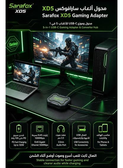 سارافوكس محطة توصيل وموزع ألعاب 5 في 1 بمنفذ تايب سي مع منافذ يو إس بي متعددة، يدعم إخراج شاشة بدقة عالية، شحن سريع، 3 منافذ يو إس بي لملحقات الألعاب ونقل بيانات عالي السرعة للبث المباشر، متوافق مع ريد ماجيك، آيفون، آيباد برو، أندرويد والأجهزة اللوحية