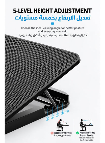 ICECOOREL 10-Fan Laptop Cooling Pad, Gaming Laptop Cooler Stand with 3500-4000 RPM High-Speed Quiet Fans, 5-Level Adjustable Height, Dual USB Ports, Anti-Slip Cooling Fan Stand for Laptops