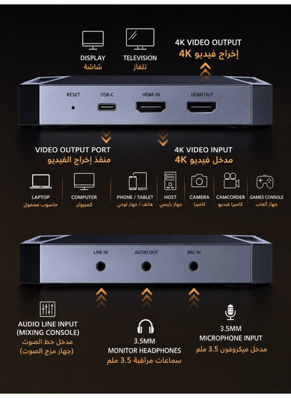 PIVA VD05 4K60Hz & 1080p 240Hz Video Capture Card with Built-in Cooling Fan for Live Streaming and Recording – Connect iPad, iPhone 15/17, Android Phones & Tablets to PC via HDMI & USB 3.0, Ultra-Low Latency, HDR Loop Out, 240Hz Support, Mic & Audio Input