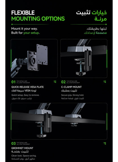 Gaming Monitor Arm & Single Monitor Stand, Heavy Duty RGB Desk Mount for 17–45″ Screens, Supports up to 16 kg, Full-Motion Tilt, Swivel & 360° Screen Rotation, Infinity Mirror with 20 RGB Lighting Modes, VESA 75×75 / 100×100, Built-In Cable Management