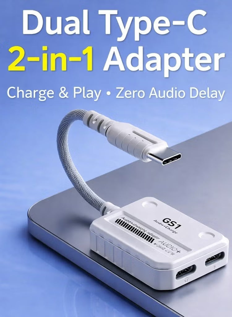 Plextone GS1 Type-C 2-in-1 Adapter Dongle, Dual Type-C Headphone & Charging Jacks with 60W Fast Charging, Hi-Res Audio, Zero Delay, Mic Supported, Plug-and-Play USB-C Converter – Compatible with iPhone, RedMagic, Samsung, iPad & Tablets