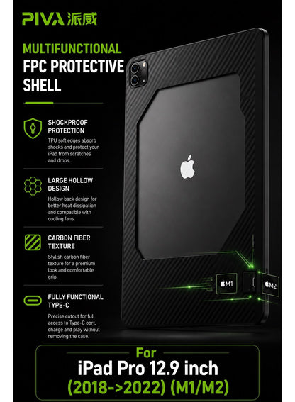PIVA Gaming 2-in-1 iPad Protective Case with FPC Tail Plug, PD 100W Fast Charging, 10Gbps Data Transfer, 4K 60Hz Video Output, Carbon Fiber TPU Cover, Magnetic Cooler Compatible for ( iPad Pro 12.9-inch 2018->2022) ( M1/M2 )