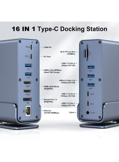 15-in-1 USB-C Docking Station, Triple 4K 60Hz Display Laptop Dock with Dual HDMI, DisplayPort 1.4 8K, 100W PD Fast Charging, 10Gbps USB-C & USB-A, Gigabit Ethernet, SD/TF Card Reader, 3.5mm Audio for MacBook, Windows Laptop & USB-C Devices