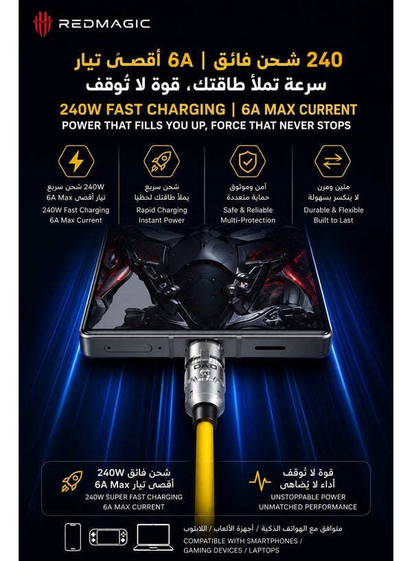 Nubia REDMAGIC 240W USB-C to USB-C Fast Charging Cable, 6A PD 3.1 EPR Charger Cord with E-Marker Chip, USB 3.2 Gen 1 5Gbps High-Speed Data Transfer, 1.5m Flexible Cable for REDMAGIC Gaming Phones, USB-C iPhone, iPad, Samsung Galaxy, Android, MacBook