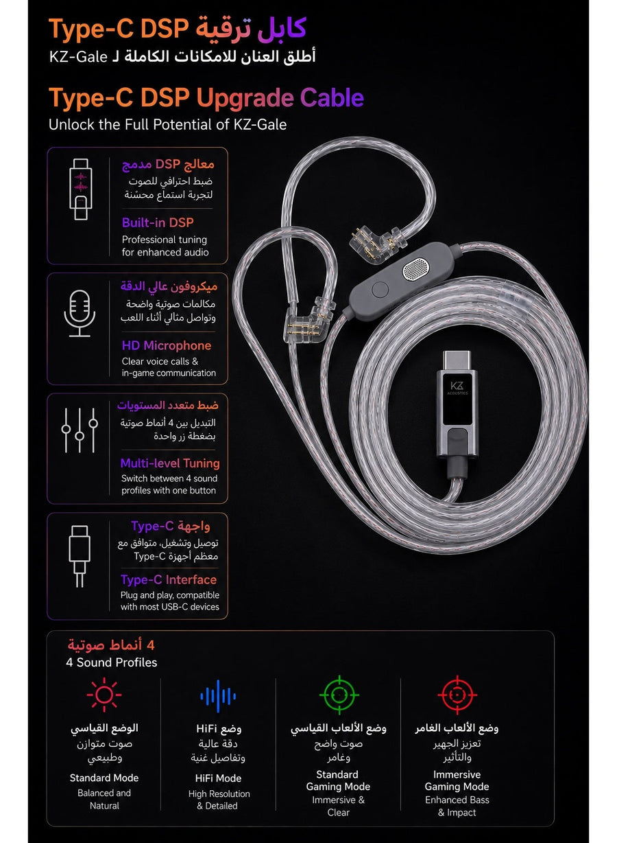 KZ Gale IEM Type-C Gaming with Built-in DSP Sound Card & Mic, Compatible with RedMagic, iPhone, iPad, Samsung, PC Laptops, Zero-Latency In-Ear Gaming Headphones for PUBG Mobile, Free Fire, Valorant, & CS2 (with Mic)
