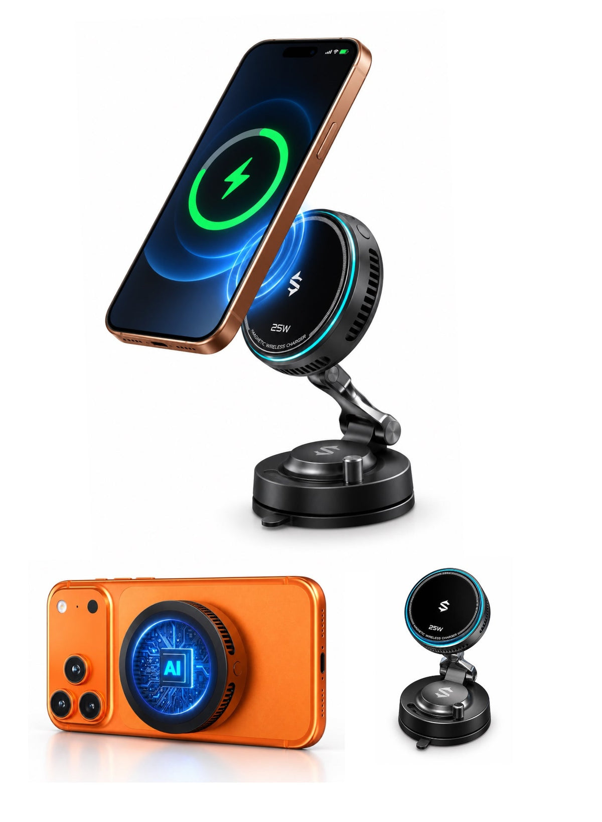 Wireless Charger and Phone Cooler, 25W Fast Magnetic Charging, TEC Cooling Fan, Magnetic Phone Car Holder and Office Stand for Gaming, Compatible with iPhone 17 Pro Max and Wireless Charging Smartphones