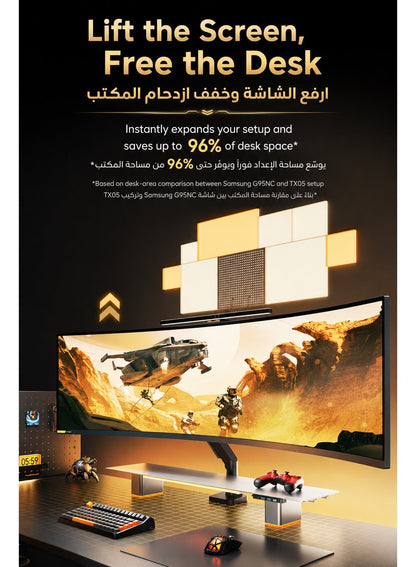 ذراع شاشة قيمنق بريميوم احترافي – حامل شاشة واحد ثقيل للاستخدام المكثّف مكتبي للشاشات من 24 إلى 57 بوصة، يتحمّل حتى 27 كجم، حركة كاملة إمالة ودوران جانبي ودوران الشاشة 180°، توافق VESA 75×75 / 100×100، منظّم أسلاك مدمج، مشبك C وقاعدة جروميت