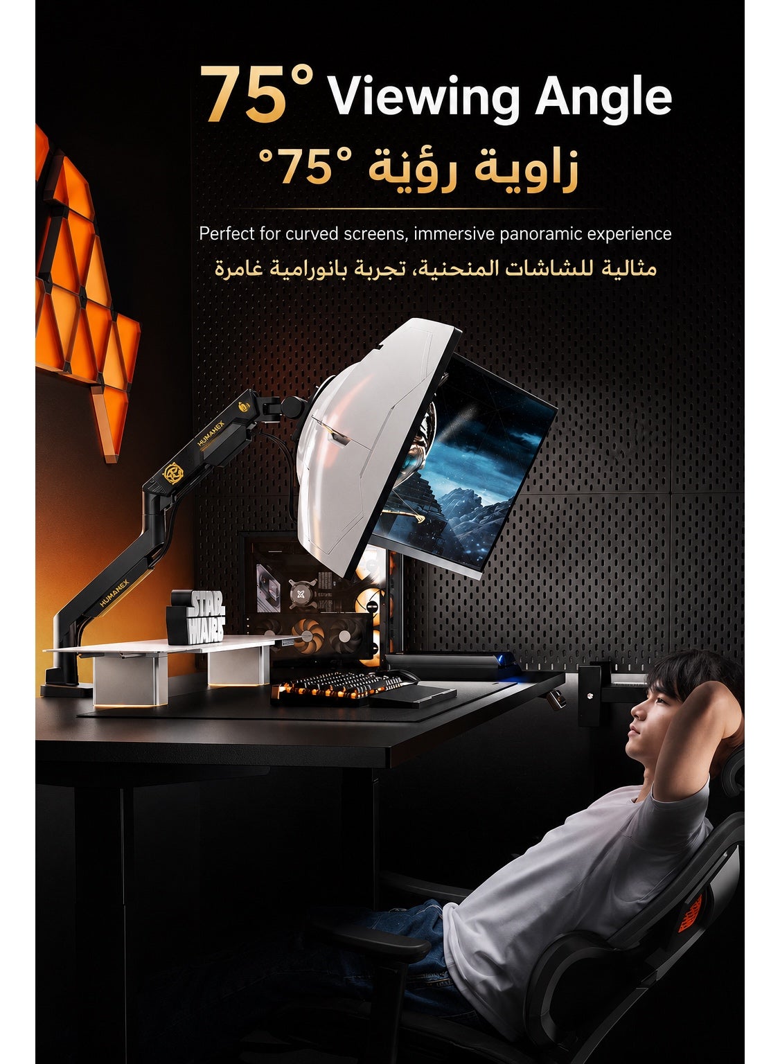 ذراع شاشة قيمنق بريميوم احترافي – حامل شاشة واحد ثقيل للاستخدام المكثّف مكتبي للشاشات من 24 إلى 57 بوصة، يتحمّل حتى 27 كجم، حركة كاملة إمالة ودوران جانبي ودوران الشاشة 180°، توافق VESA 75×75 / 100×100، منظّم أسلاك مدمج، مشبك C وقاعدة جروميت