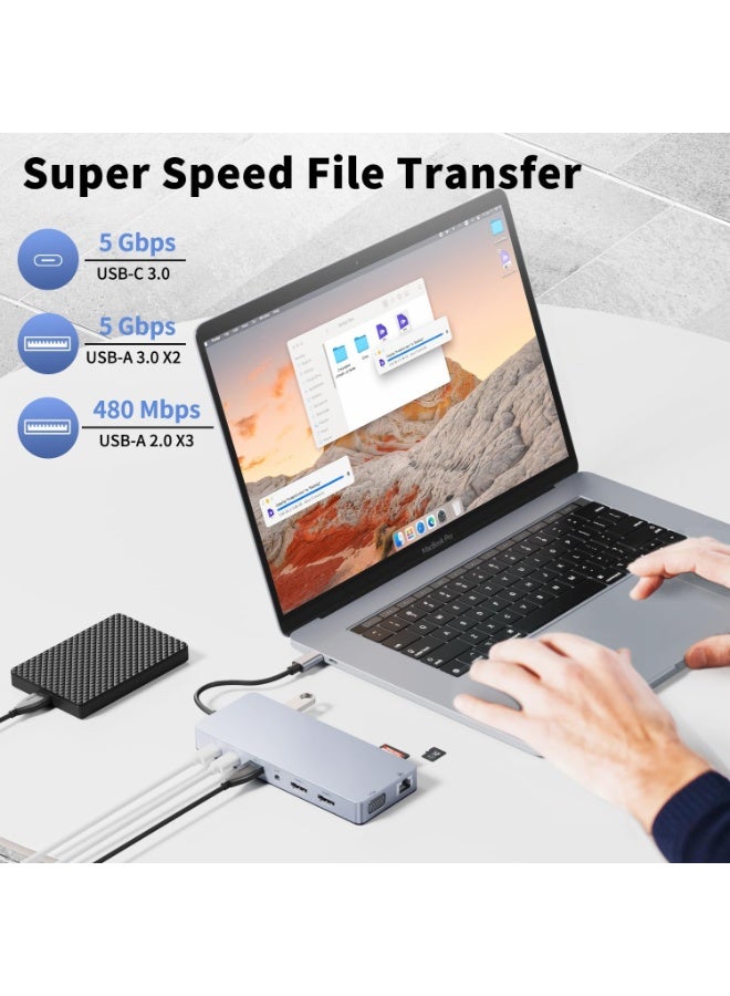 14-in-1 USB C Laptop Docking Station with Dual HDMI, USB-A & C 5Gbps, SD/TF Card Slots, VGA, and Ethernet