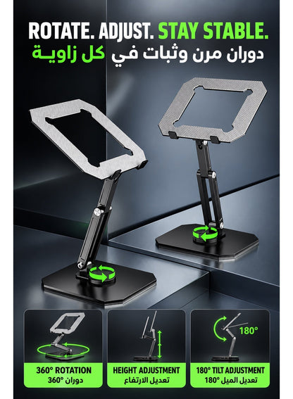 Tablet Stand PIVA All-Metal Gaming Tablet Stand, 360° Rotating Adjustable iPad Holder with 180° Multi-Angle Hinges, Heavy-Duty Weighted Base, Foldable Desktop Stand, Open Cooling Design for iPad, Tablets, Gaming, Work & Study