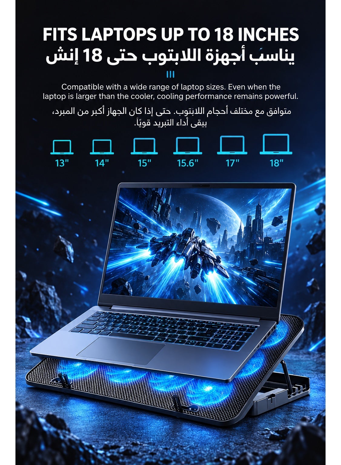 ICECOOREL 10-Fan Laptop Cooling Pad, Gaming Laptop Cooler Stand with 3500-4000 RPM High-Speed Quiet Fans, 5-Level Adjustable Height, Dual USB Ports, Anti-Slip Cooling Fan Stand for Laptops