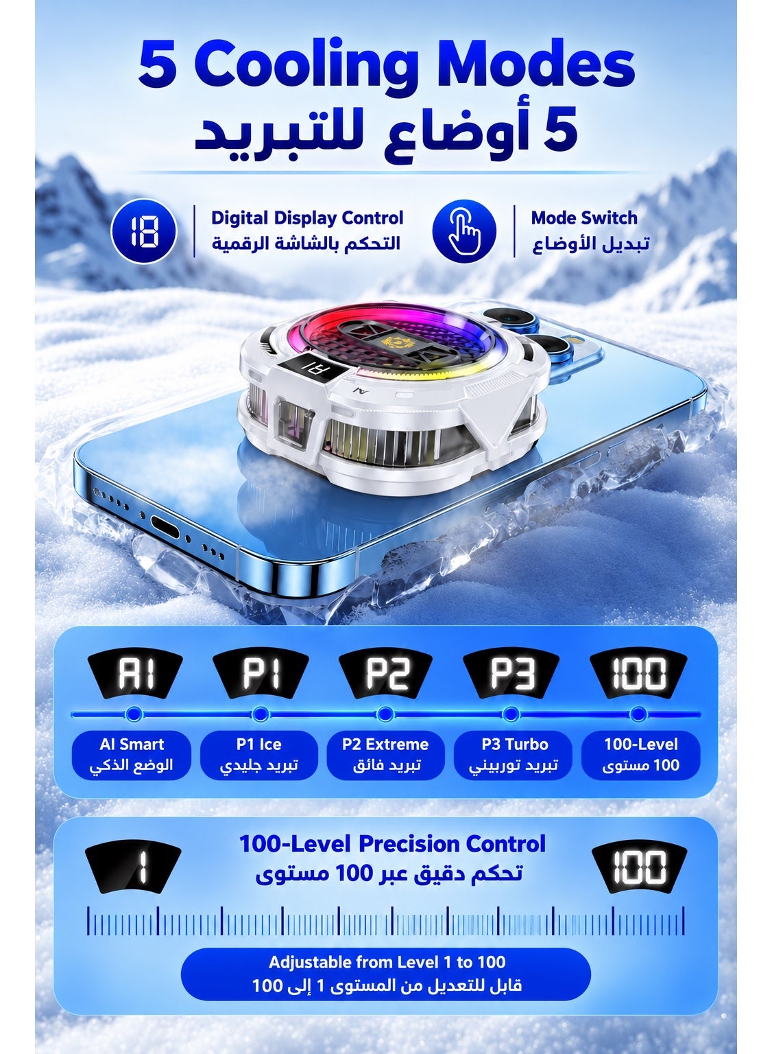 Ice Phone Cooler TH19 Pro AI, Magnetic Ice Cooling Fan with Smart Temperature Control, 5 Cooling Modes, 100-Level Precision Adjustment, Digital Display, RGB Lighting, Strong Magnetic Hold & Clip for iPhone Android Gaming