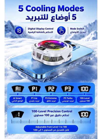 Ice Phone Cooler TH19 Pro AI, Magnetic Ice Cooling Fan with Smart Temperature Control, 5 Cooling Modes, 100-Level Precision Adjustment, Digital Display, RGB Lighting, Strong Magnetic Hold & Clip for iPhone Android Gaming