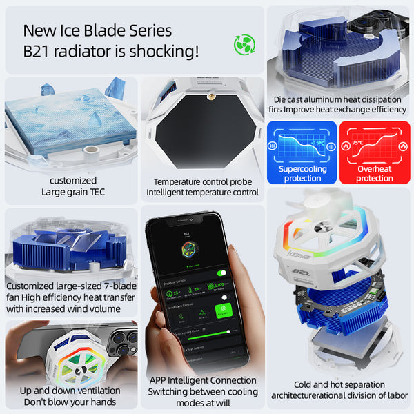 PIVA B21 Black Magnetic Back Cooling Fan Mobile Phone Radiator Intelligent Temperature Control Connectable APP Gaming Ring Light