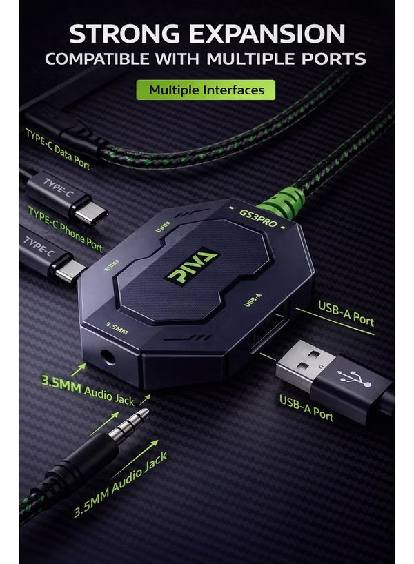 محول PIVA GS3 Pro USB-C الصوتي والشحن 4-in-1 ومحول USB Hub، دقة عالية، شحن سريع 60W للألعاب والبث المباشر، لـ RedMagic، iPad، فئة iPhone 15/16/17، Android والأجهزة اللوحية (مثالي لـ PUBG Mobile وCOD)