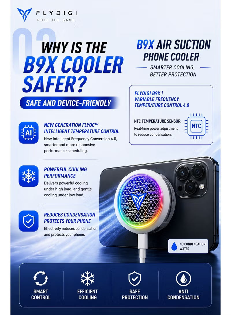 DigiFlydigi B9X Phone & iPad Cooler, 30W (-45°C) RGB Magnetic Cooling Fan with App Control, Ultra-Quiet Portable Cooling Pad, Strong Magnetic Attachment for iPhone, Android, RedMagic & iPad – Built for Intense Gaming, Perfect for FPS Games like PUBG Mobil
