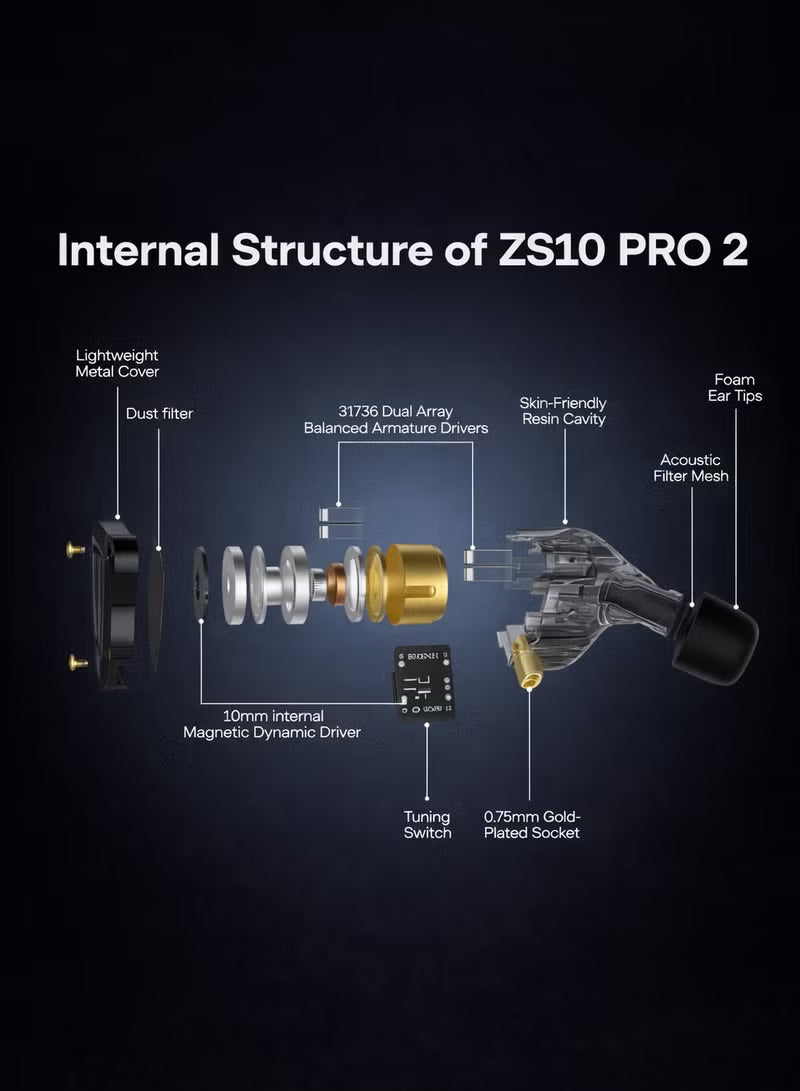 KZ ZS10 PRO 2 IEM In Ear Monitor, 1DD+4BA Hybrid Wired 3.5mm Earphone Earbuds with 4-Level Tuning Switch, 3-Way Crossover, Silver-Plated Cable for Musicians, Audiophiles & Gamers (With Mic)