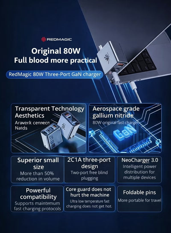 RedMagic شاحن متعدد سريع 80W، تصميم ثلاثي المنافذ المدمج، دبابيس قابلة للطي، NeoCharger 3.0، لـ RedMagic Astra و Nova و iPad والأجهزة اللوحية و iPhone و MacBook وأجهزة الكمبيوتر المحمولة - يتضمن كابل (نسخة أمريكية)
