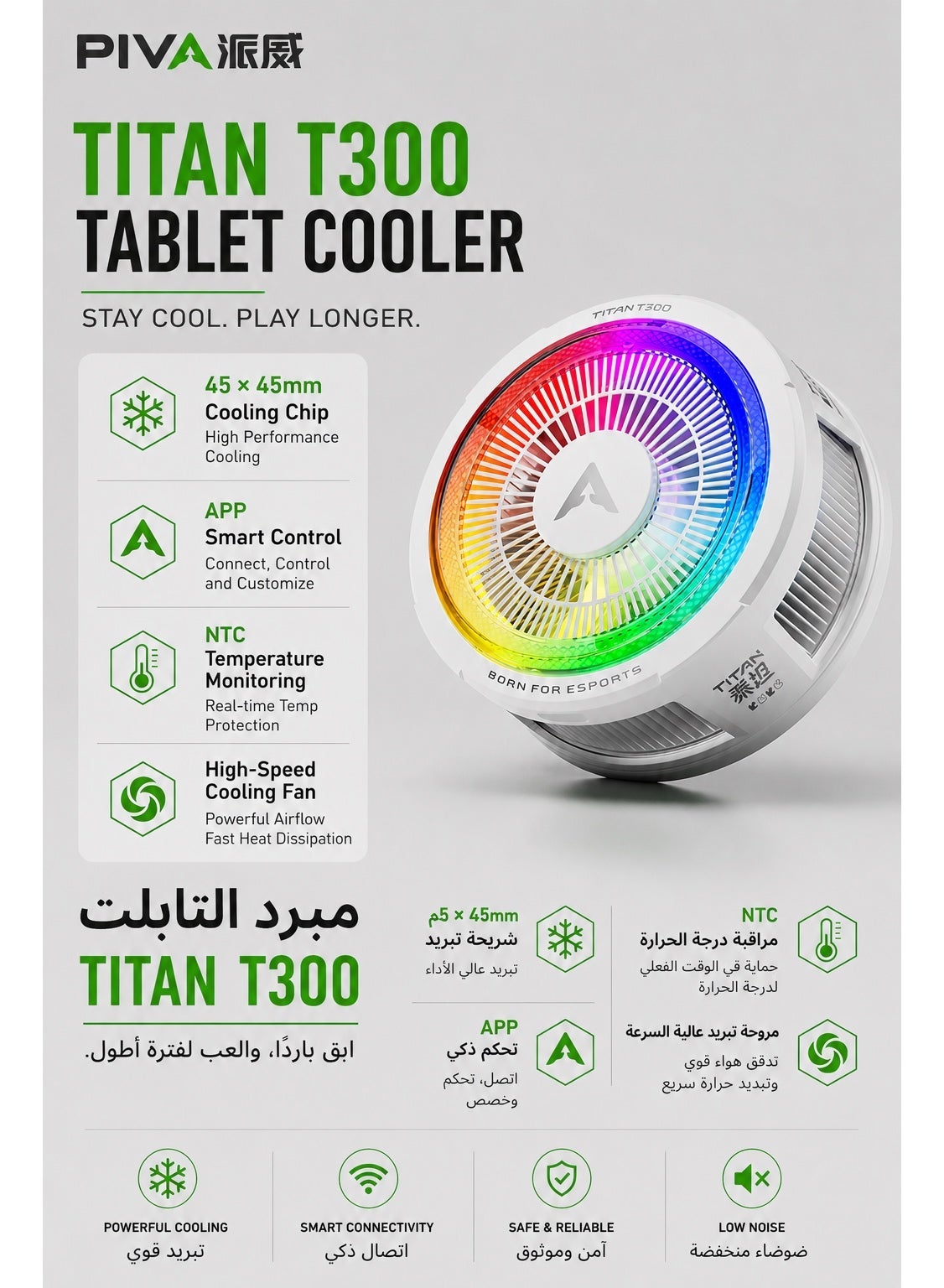 PIVA Titan T300 iPad Cooler, 40W Powerful Cooling, APP Smart Control, 360° Airfl