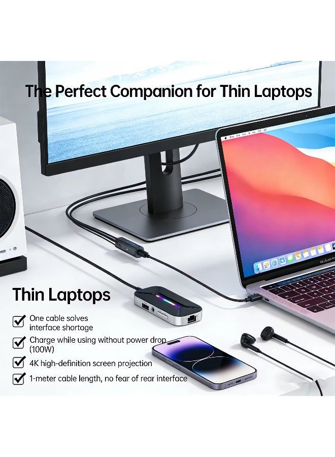 Sarafox XS6 Pro 6 in 1 Gaming Docking Station, USB C Multi-Function Hub with Physical EQ Toggle (FPS Footsteps, Cinematic Movie & Music Modes), 4K HDMI, 1000M Gigabit Ethernet, PD 100W Fast Charge & RGB – Compatible with iPad, RedMagic, PC , Laptops, ROG,