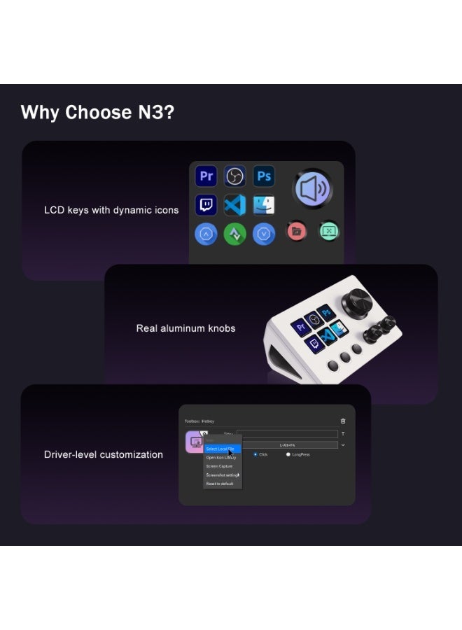 ميرا بوكس N3 وحدة تحكم للبث المباشر V3، 6 أزرار LCD قابلة للتخصيص، 3 مقابض دوارة للتحكم السريع، 3 أزرار تشغيل قابلة للبرمجة، لوحة اختصارات وماكرو للبث المباشر والألعاب والتحكم بالصوت وبرامج OBS ويوتيوب وتويتش، متوافقة مع ويندوز وماك