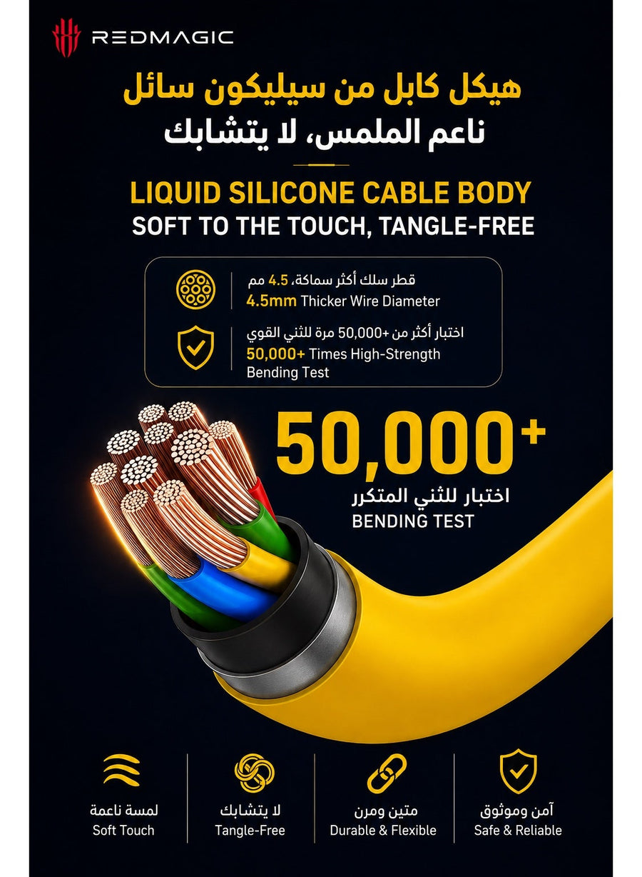 كابل شحن سريع تايب سي إلى تايب سي بقوة تصل إلى ٢٤٠ من نوبيا ريد ماجيك واط وتيار ٦ أمبير، يدعم باور دليفري ٣٫١ وشريحة إي مارك، نقل بيانات سريع يو إس بي ٣٫٢ الجيل الأول بسرعة تصل إلى ٥ جيجابت في الثانية
