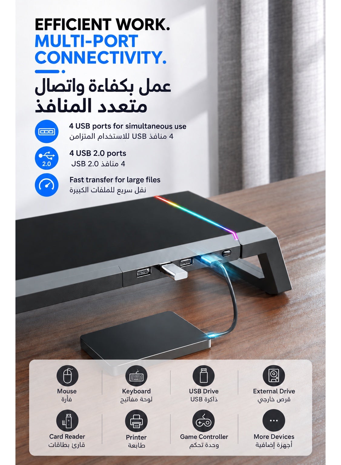 Monitor Stand Riser by ICECOOREL T1, RGB Gaming Computer Monitor Stand with 4-Port USB 2.0 Hub, Storage Drawer, Phone & Tablet Holder, 20kg Heavy-Duty Desk Organizer for PC Laptop Monitor
