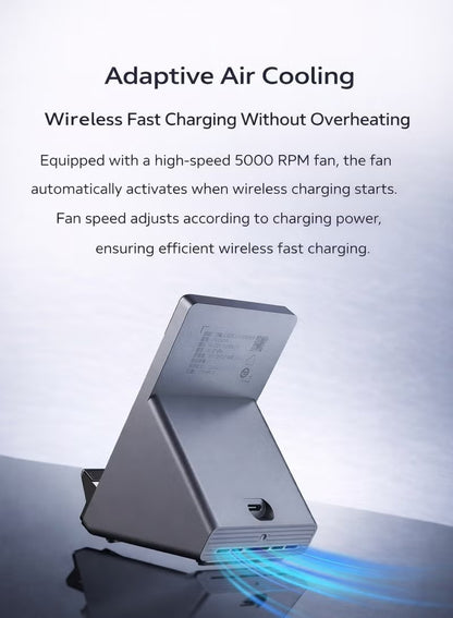 C 80W Fast Wireless Charger – Air-Cooled Wireless Charging with 5000 RPM Fan, Dual-Use Charger & Phone Stand, Carbon Fiber Texture, Multi-Device Compatibility, 8-Level Safety Protection, Includes 120W Power Adapter, For iPhone 17 and below, Samsung, Redma