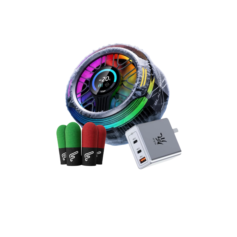 Black Shark 6 Pro Magnetic Cooler + RedMagic 65W GaN5 Fast Charger + Flaregun P4 Sleeves (2× Black+Green & 2× Black+Red) — For iPhone, Android, RedMagic, iPad
