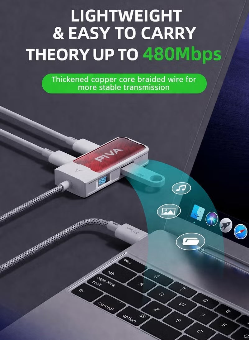 PIVA G41 4-in-1 Gaming Adapter & Converter, Type-C to 3.5mm Audio DAC 32Bit/384Khz & USB 2.0 Data Transfer Hub, PD 60W Fast Charging with Power Display, 480Mbps High-Speed, Compatible with RedMagic, iPad, iPhone, Samsung Mobile, Laptops, Mobile Phones