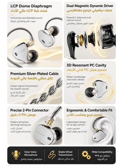 Misiom Gemini Dual Driver Type-C IEM Earphones with Microphone & Built-in DAC, 10mm Dynamic Driver, LCP Diaphragm, Silver-Plated Cable, HiFi USB-C Gaming Headphones for Android, Mobile, Tablet, Laptop, PC & Music