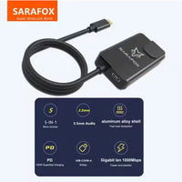 Sarafox 5-in-1 USB-C Gaming Docking Station & Hub Dongle with Gigabit Ethernet Adapter, Type-C to 3.5mm Audio, USB-A 3.1, 100W PD Fast Charging, Low-Latency Network for Gaming & Live Streaming – Compatible with RedMagic, iPad, iPhone 15/16/17 Series, Andr