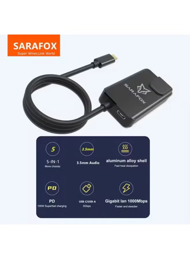 Sarafox 5-in-1 USB-C Gaming Docking Station & Hub Dongle with Gigabit Ethernet Adapter, Type-C to 3.5mm Audio, USB-A 3.1, 100W PD Fast Charging, Low-Latency Network for Gaming & Live Streaming – Compatible with RedMagic, iPad, iPhone 15/16/17 Series, Andr