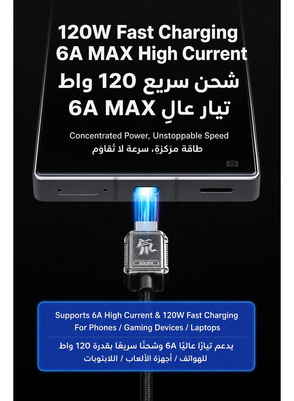 Nubia REDMAGIC Original 120W Fast Charging Cable, 1.5m Metal-Braided USB-C to USB-C Charger and Data Cable with Zinc-Alloy Connectors, Built-In E-Marker Smart Chip and 480Mbps Transfer for REDMAGIC Gaming Phones, Nubia, USB-C iPhone, iPad, Samsung