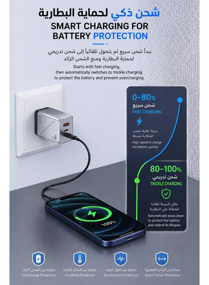 Black Shark 67W Fast Charger , Compact 3-Port USB-C & USB A Power Adapter for iPhones, iPad, Redmagic, Samsung, Xiaomi, Tablets & Laptops - with cable (US Version)